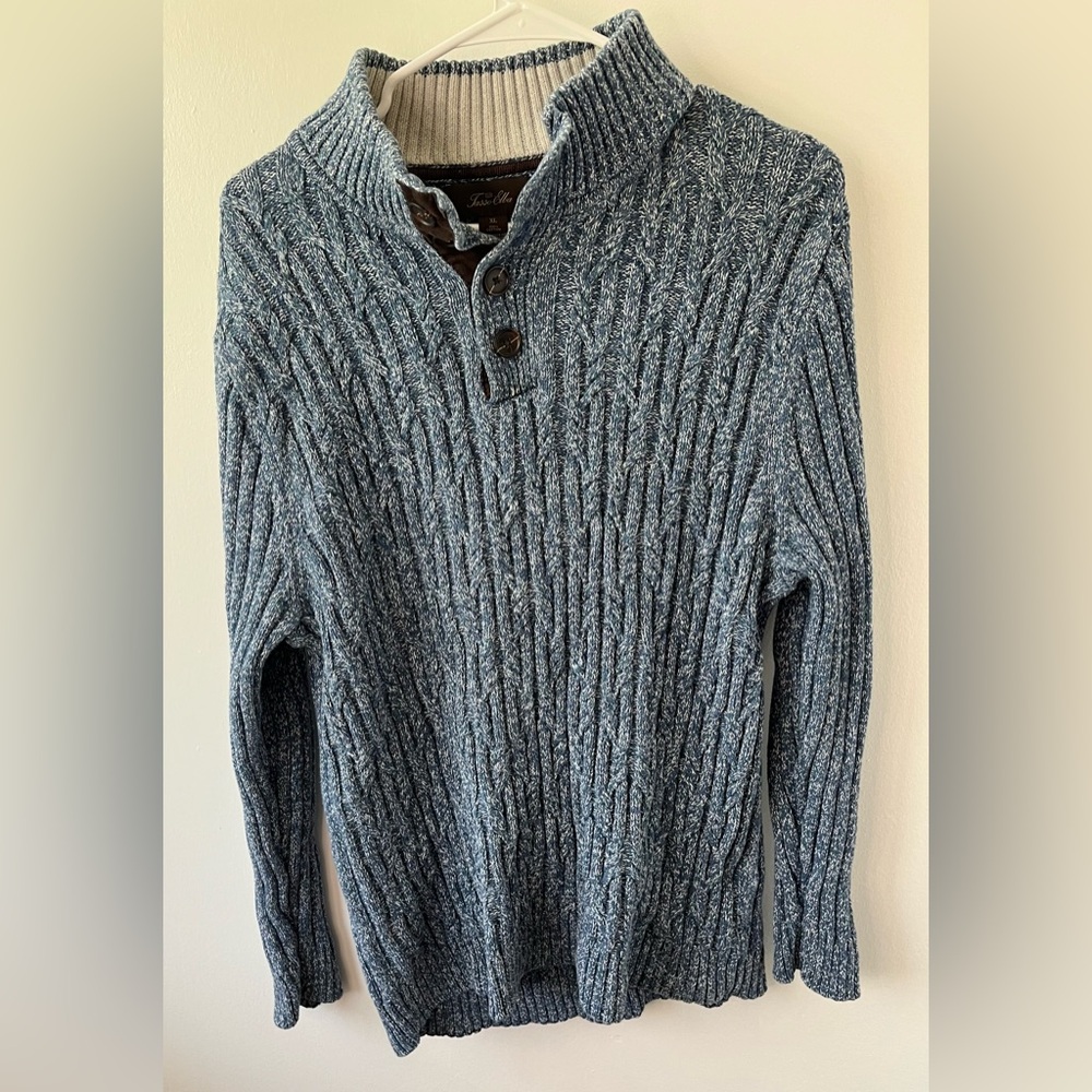 Tasso Elba Mens Cable Knit Blue Mock Neck Slim Fit Button Sweater Size XL